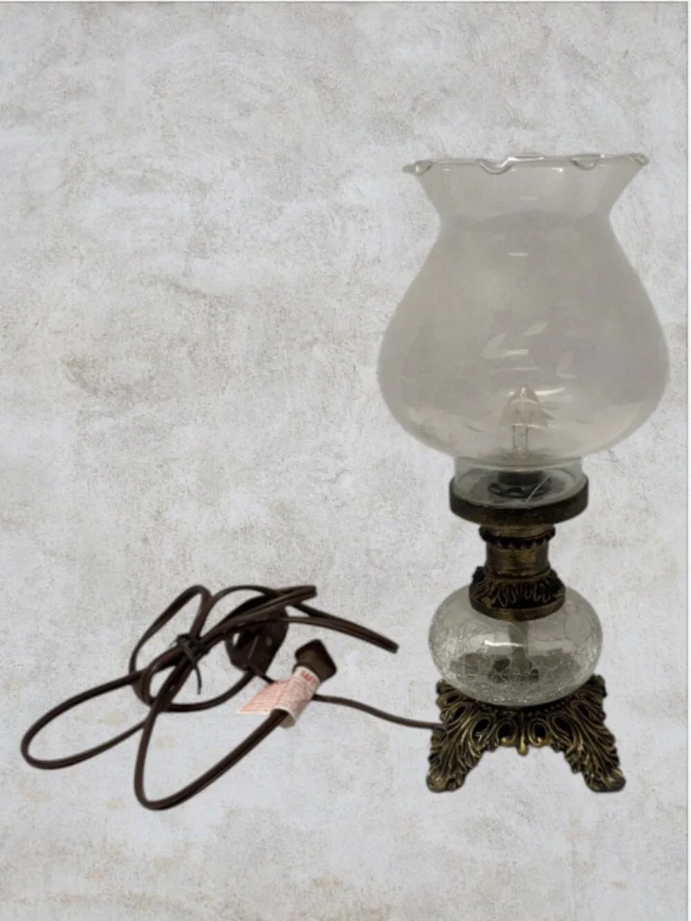 HURRICANE LAMP -- Etched Glass Shade, Crackle Glass Base, Electric, Vintage